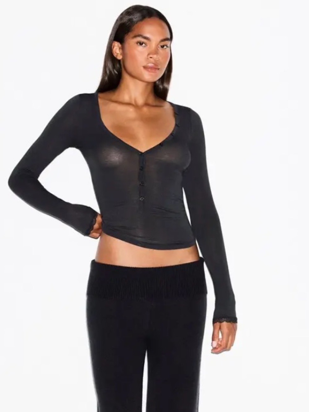 SKIMS NWT Sheer Modal Long Sleeved Henley - Soot